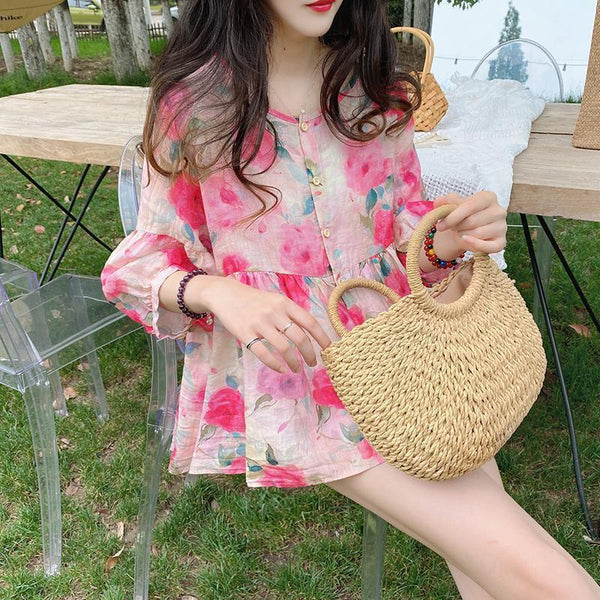 Blusa Vintage Cuello Muñeca Manga Abullonada - Modelo Holgado Verano