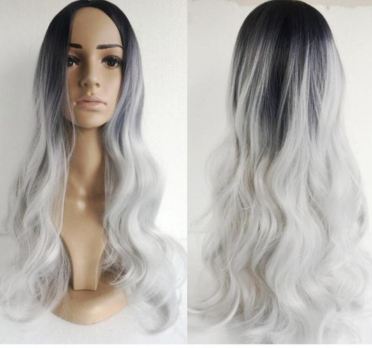 Peluca Larga Rizada Gris Plata - Efecto Natural Cosplay