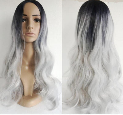 Peluca Larga Rizada Gris Plata - Efecto Natural Cosplay