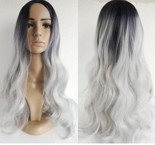 Peluca Larga Rizada Gris Plata - Efecto Natural Cosplay