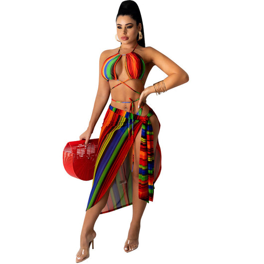 Bikini de Tres Piezas con Tul Estampado y Abertura Lateral - Image 2