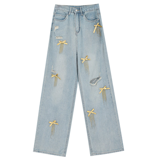 Jeans Rectos Retro con Lazada y Rotos para Mujer