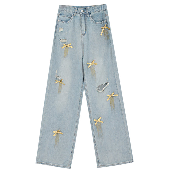 Jeans Rectos Retro con Lazada y Rotos para Mujer