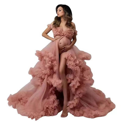 Vestido de Maternidad Elegante con Falda Tul Hombros Descubiertos para Sesión Fotográfica - Image 6