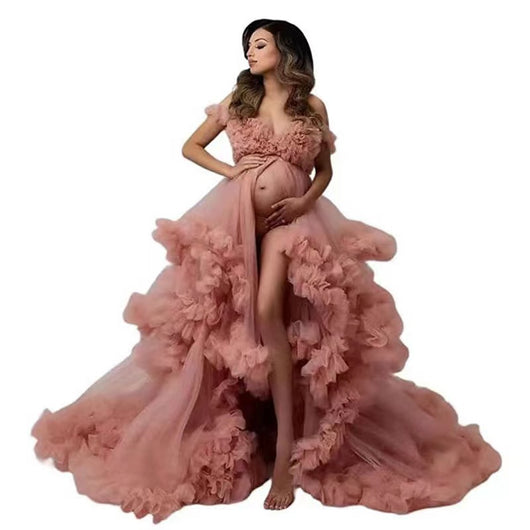 Vestido de Maternidad Elegante con Falda Tul Hombros Descubiertos para Sesión Fotográfica - Image 6