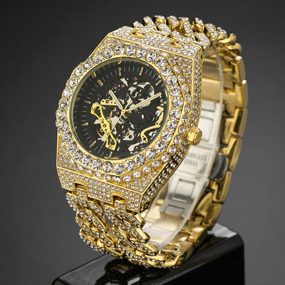 Reloj Automático Hip Hop con Cadena Cubana de Diamantes Completos y Eslabón Hueco
