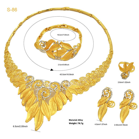 Women's Saudi bridal four-piece gold-colored jewelry set with floral and leaf designs, featuring a necklace, bracelet, earrings, and ring. - Image 17