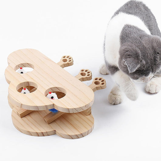 Wooden cat whack-a-mole toy with three plush mouse toys and paw-shaped pushers, measuring 21cm by 28cm. - Image 4