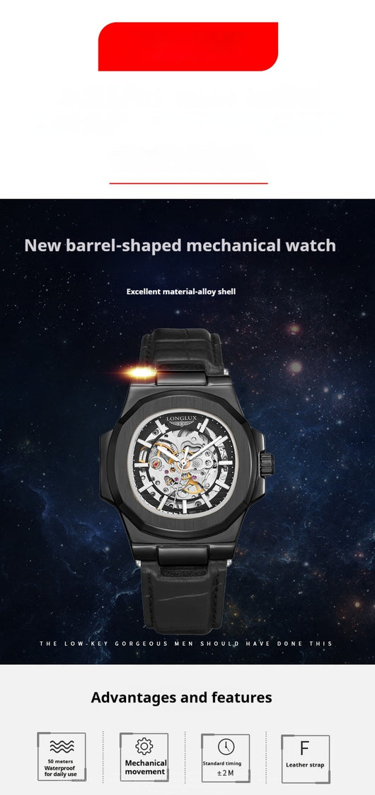 Reloj Mecánico Impermeable para Hombre con Correa de Cuero Barril - Image 16