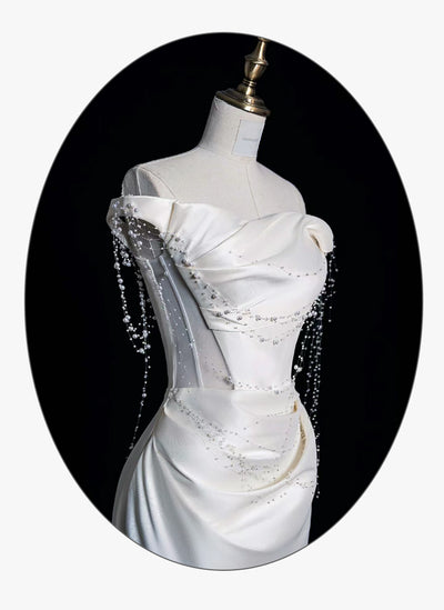 Vestido de Fiesta Satinado Hombros Descubiertos con Perlas - Image 10