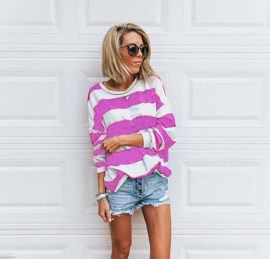 Blusa Holgada de Rayas Estampadas Manga Larga Cuello Redondo - Image 12