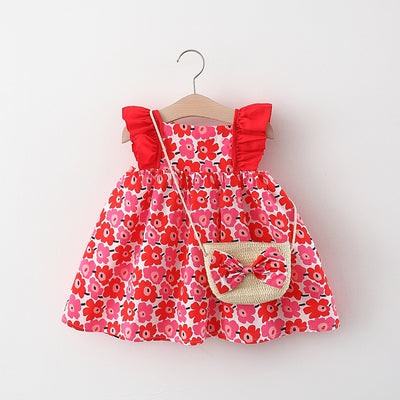 Vestido para Niña con Mangas Volantes + Bolsa Canasta de Bambú - Image 4