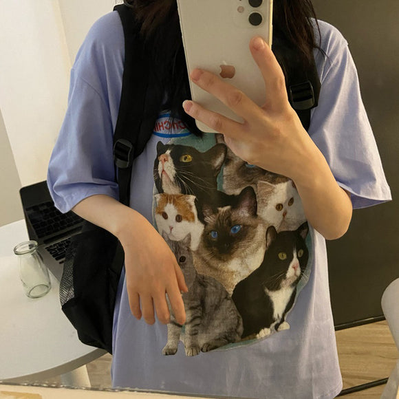 Playera Coreana de Manga Corta para Mujer con Estampado de Gato