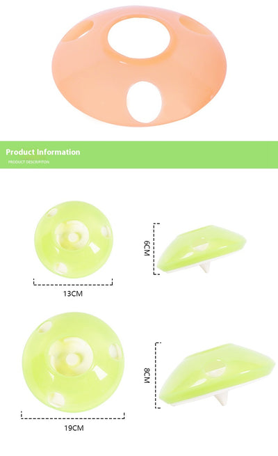 Green and white pet toy, a round food dispenser with multiple openings and a central spinning element for cats. - Image 9