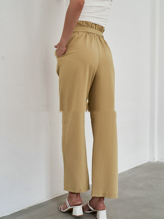 Pantalón Recto Cintura Alta de Algodón Sin Cinturón Marrón - Image 10