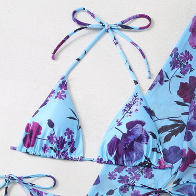 Milky white floral print three-piece swimsuit with triangle bikini top, v-cut bottom, and sheer long-sleeve cover-up. - Image 12