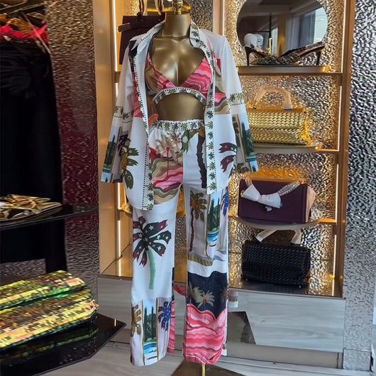 Conjunto de 3 Piezas: Blusa Estampada Manga Larga, Bralette y Pantalón Ancho - Image 10