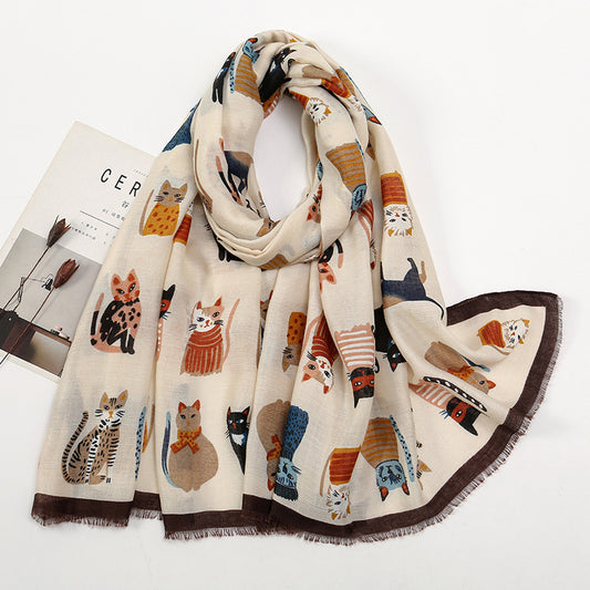 Bufanda Larga de Otoño e Invierno con Gato Cartoon - Poliéster Suave para Mujer