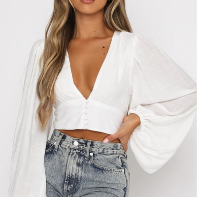Blusa Elegante Escote en V con Mangas Linterna y Cintura Alta - Image 5