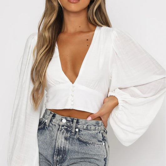 Blusa Elegante Escote en V con Mangas Linterna y Cintura Alta - Image 5