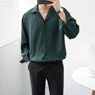 Camisa Cubana de Rayas Manga Larga Suelta con Cuello Abierto - Image 5