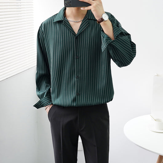 Camisa Cubana de Rayas Manga Larga Suelta con Cuello Abierto - Image 5
