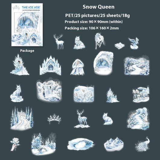 A set of 25 PET stickers featuring winter landscapes, ice castles, deer, wolves, and an ice queen in a snowy fantasy theme. - Image 6