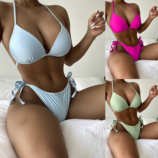 Bikini de Color Sólido con Tirantes Ajustables y Efecto Levantador