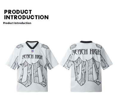 White mesh jersey t-shirt with a V-neck and short drop-shoulder sleeves, featuring a black and white snake scale design. - Image 9