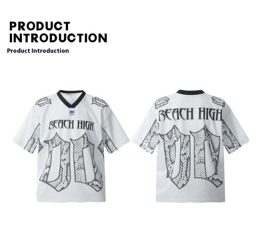 White mesh jersey t-shirt with a V-neck and short drop-shoulder sleeves, featuring a black and white snake scale design. - Image 9