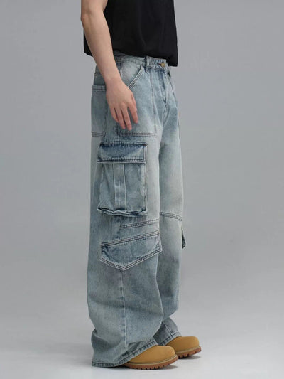 Pantalones Vaqueros de Trabajo Multibolsillos Lavados - Corte Ancho Casual para Hombre - Image 10