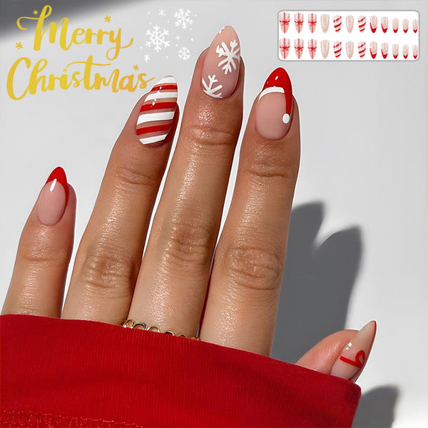Set de 24 Uñas Postizas Navideñas con Diseños de Sombreros, Rayas y Copos de Nieve