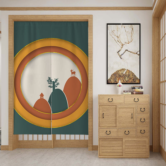 Modern fabric door curtain with abstract green mountains, a dancer silhouette, and a mustard yellow lower section. - Image 12