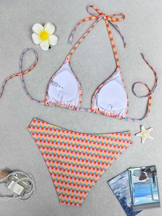 Colorful polka dot triangle-bra bikini swimsuit set with pink, yellow, orange, and blue dots. - Image 13