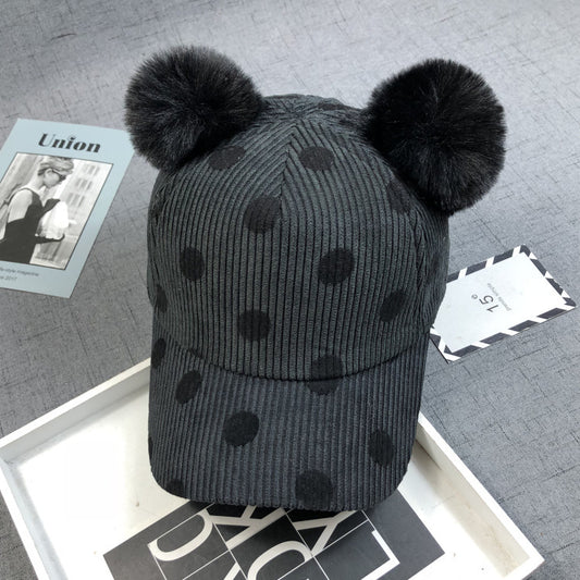 Gorro de Pana con Pompones de Pelaje de Conejo para Otoño e Invierno