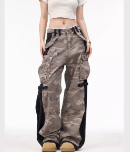 Pantalones Anchos Patchwork Retro con Cremallera Camuflaje Unisex