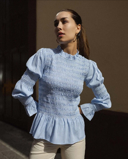 Blusa Ajustada con Pliegues y Estampado Cuadros para Mujer - Image 7