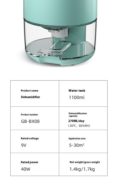 White compact dehumidifier with a transparent water tank, featuring a top grille and a power button. Highlights smart start, defrost, night mode, and quiet oper - Image 9