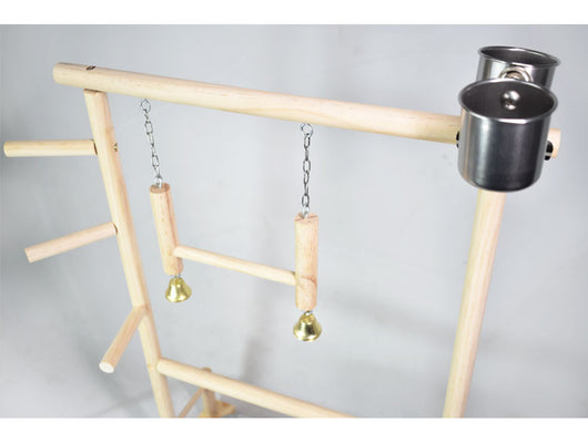 Wooden bird play stand with multiple perches, two hanging ladders, and a removable stainless steel tray. - Image 7