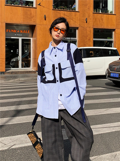 Camisa de Moda con Ribetes en Contraste Azul - Image 3