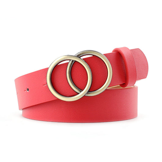 Camel imitation leather women's casual belt with a double round gold-tone buckle and a single belt loop. - Image 16