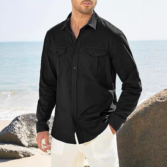 Camisa Casual de Manga Larga con Bolsillos Dobles Estilo Europeo