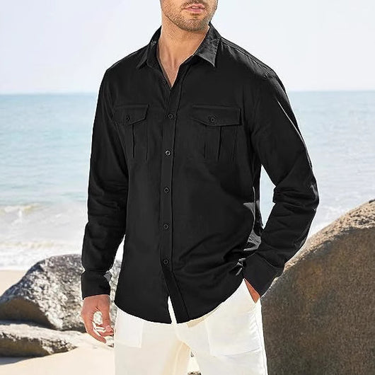 Camisa Casual de Manga Larga con Bolsillos Dobles Estilo Europeo