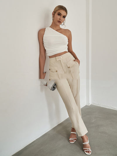 Pantalones Chinoiserie Cintura Alta Marrón Línea Recta sin Cinturón - Image 9