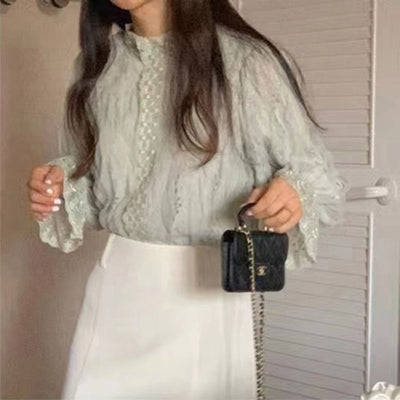 Blusa Elegante con Cuello Mao y Mangas Abullonadas en Encaje - Image 10