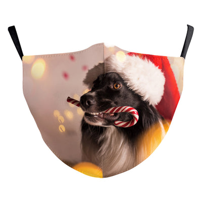 Christmas dust mask with a digital print of a black and white dog wearing a Santa hat and holding a candy cane. - Image 18