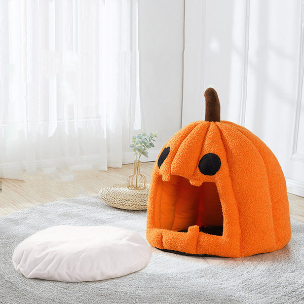 Cama Cálida Tipo Calabaza para Gatos y Perros - Diseño Semicerrado