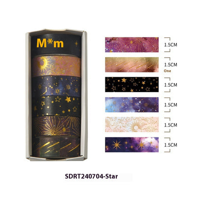 Set of six 1.5cm wide decorative tapes featuring starry sky, zodiac signs, moon phases, constellations, and planets. - Image 6