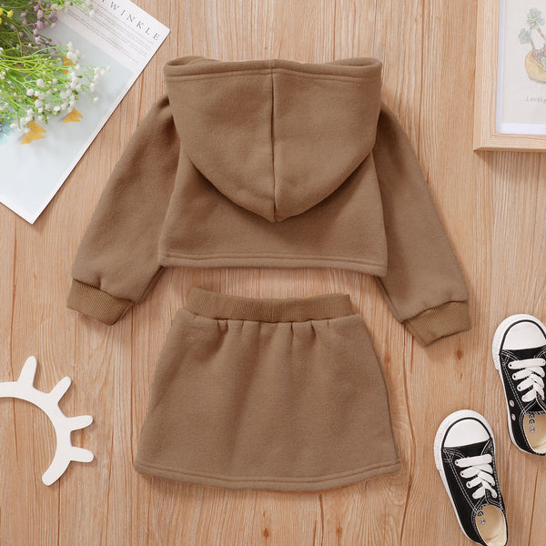 Conjunto Otoñal: Sudadera con Capucha de Manga Larga + Falda Corta Color Sólido