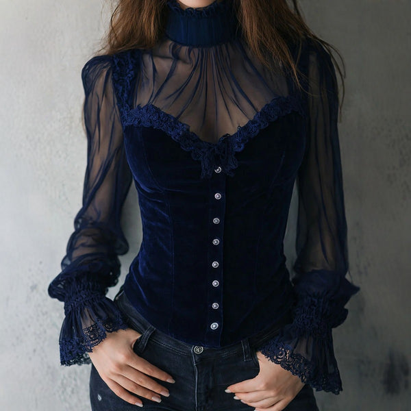 Blusa Negra de Encaje con Paneles de Malla y Detalles Florales Calados
